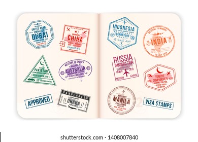 Realistic passport pages with visa stamps. Opened foreign passport with custom visa stamps. Travel concept to Asian and Australian countries. Vector