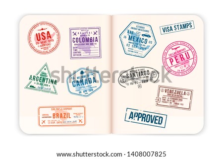 Realistic passport pages with visa stamps. Opened foreign passport with custom visa stamps. Travel concept to American countries. Vector
