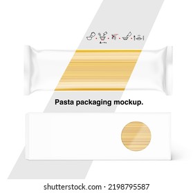 Bolsa de paquetes de comida de pasta realista y caja de cartón se burlan con instrucción. Ilustración vectorial aislada en fondo blanco. Fácil uso en diferentes entornos. EPS10.