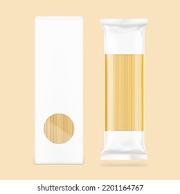 Realistic pasta food package bag and cardboard box mockup. Vector illustration. Ready to place your design. EPS10.	