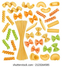 Realistic pasta, italian spaghetti, shells, farfalle and cavatappi. Italian cuisine dish, pasta types gemelli and penne vector illustration set. Macaroni types for culinary, assortment for menu