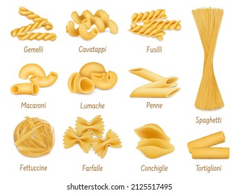 Realistic pasta types, farfalle, spaghetti and penne macaroni. Italian cuisine dish, dry organic pasta vector illustration set. Pasta types for restaurant menu, wheat products assortment