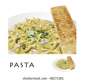 realistic pasta in vector format. A cropped view is showed, Pasta, plate and bread are intact.