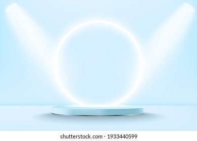 Realistic pastel blue 3d display podium mockup with neon circle. Minimal scene with cylinder platform and spotlights for product show. Vector illustration of modern pedestal stage for award ceremony