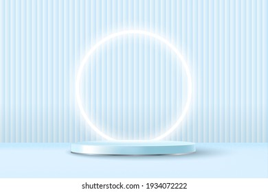 Realistic pastel blue 3d display podium mockup with neon circle on geometric background. Minimal scene with cylinder platform for product show. Vector illustration of pedestal stage for award ceremony