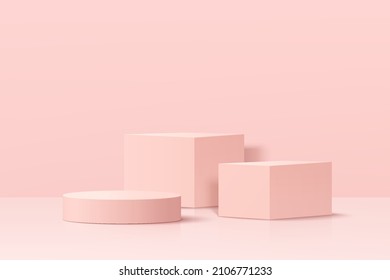 Realistic pastel pink 3D geometric pedestal podium set in abstract room. Minimal scene for products showcase, Happy valentine day promotion display. Vector platform design. Vector illustration