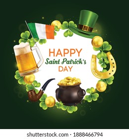 Realistic patrick day frame with round composition of ornate text surrounded by leprechaun hat and clover leaves vector illustration