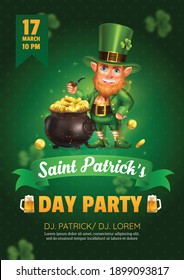 Realistic patrick day poster with ornate text on ribbon character of leprechaun and pot with coins vector illustration