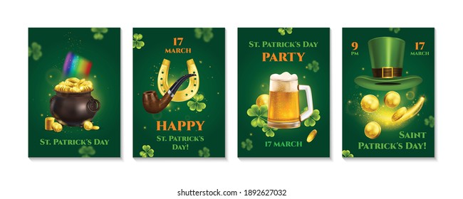 Realistic patrick day set of vertical banners with editable text announcement dates and icons irish symbols vector illustration