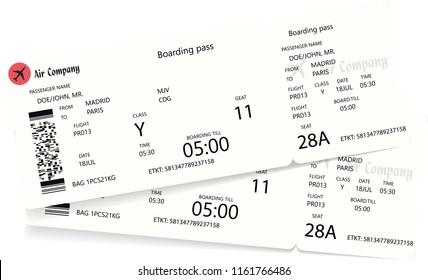 Realistic pattern of airline ticket or boarding pass for traveling by plane. Isolated on white. Vector