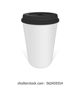 Realistic pattern cup of coffee on a white background. White cup of coffee with a black cover. Vector template for use in your layout.