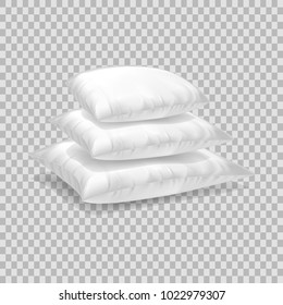 Realistic pattern template of white pillow. Pile empty white pillow layout, mockup, home interior bed room, sleeping accessories, on transparent background. Vector illustration.