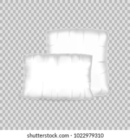 Realistic pattern template of white pillow. Empty white air pillow square shape, layout, mockup, home interior bed room, sleeping accessories, on transparent background. Vector illustration.