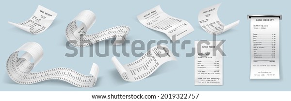 Realistic payment paper\
bills for cash or credit card. Atm, cafe or restaurant paper\
financial check. Set of white paper with purchase invoice. 3d\
vector illustration