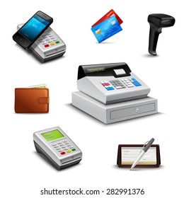 Realistic payment set with cheque wallet barcode reader isolated vector illustration