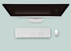 Realistic PC monitor with keyboard and mouse, top view, vector. Workplace, office work environment. Monitor, keyboard, computer mouse. Computer display with blank white screen.