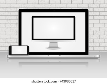 Realistic PC monitor smartphone and laptop. Workplace, office work environment. Monitor, laptop, smartphone. Can Use for Template Presentation. Gadget Mock Up. Vector Illustration. - stock vector.