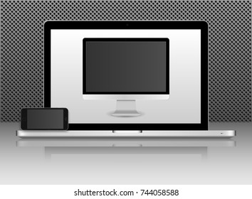 Realistic PC, smartphone and laptop. Workplace, office work environment. Monitor, laptop and smartphone. Can Use for Template Presentation. Gadget Mock Up. Vector Illustration. - stock vector. EPS10