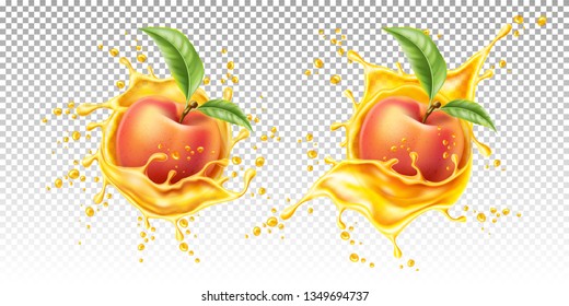 Realistic peach fruits with leaves in juice splash flow on transparent background. Juicy product package design. Whole peach and leaf in fresh swirl. Vector natural drink design