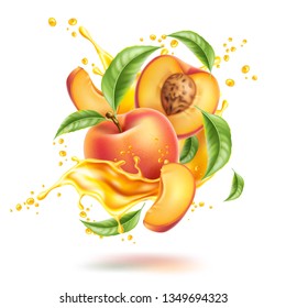 Realistic peach fruits with leaves, slices in juice splash flow. Juicy product package design. Whole peach, half with stone and leaf in fresh swirl. Vector natural drink design element.