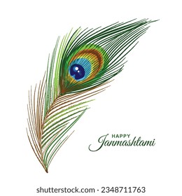 Realistic peacock feather watercolor on happy janmashtami card design