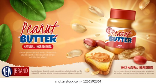 Realistic peanut butter horizontal poster for advertising with branded product editable text and arachis bean images vector illustration