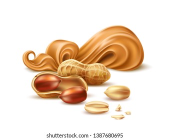 Realistic peanut butter package design with 3d arachis pods with shell and nuts. Vector delicious cream for natural product ad design. Tasty cream for sweet snacks.