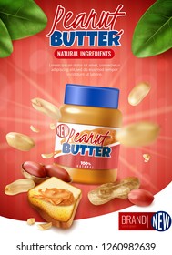 Realistic peanut butter vertical poster ads with branded jar and arachis beans with shell and text vector illustration