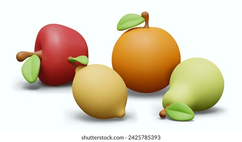 Realistic pear, apple, orange, lemon with green leaf. Vitamin set, fresh fruits in cartoon style