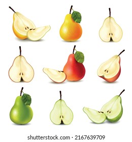 Realistic pear big icon set yellow green pears with and without leaves whole and cut in half quarters vector illustration