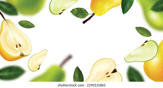 Realistic pear frame slices and whole fresh pears in focus and blur vector illustration