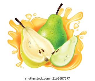 Realistic pear splash composition three pears whole half and quarter and bursts of juice around vector illustration