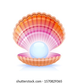 Realistic pearl in 3d shell, open seashell icon. Cartoon shining pearl shell vector illustration isolated on white background. Beautiful sea animal symbol. Watercolor color seashell.