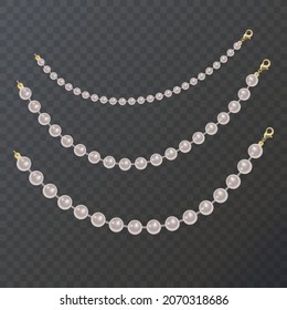 Realistic pearl bead chain. pearl necklace on dark background, vector format