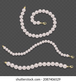 Realistic pearl bead chain. pearl necklace on dark background, vector format