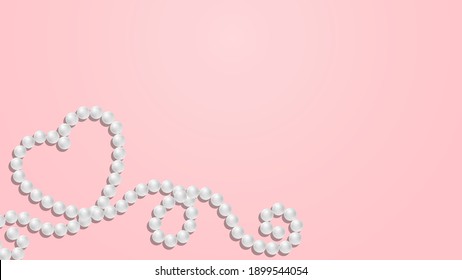 Realistic pearl beads heart shaped on pastel pink background. White necklace thread, jewelry pearls chain. Elegant vector ornament: Valentine's, Woman's, Mother's Day, wedding design, greeting card.