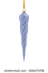 Realistic pearl blue Christmas tree toy in the form of a icicle, spiral. 3D Illustration object for christmas design, mockup. Vector isolated on a white background.