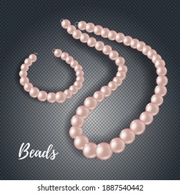 Realistic pearl necklace with bracelet. Pearl necklace on transpert background. Vector illustration