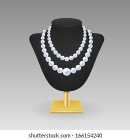 Realistic pearl necklace on a rack with rshadow on light gray background