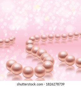 Realistic pearls background composition with rows of spherical pearl beads on glass surface with flare lights vector illustration