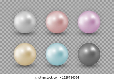 Realistic pearls. Color vector pearls isolated on transparent background. Precious decoration, necklace elements