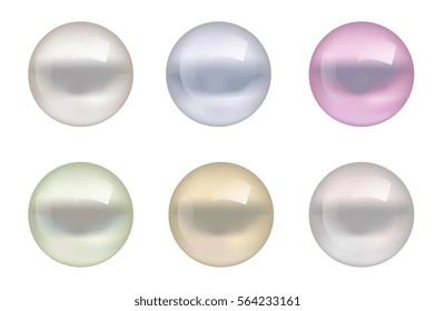 Realistic pearls of different colors set. Collection of jewelry gems isolated on white background. Vector illustration