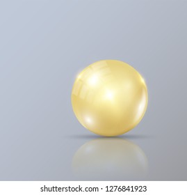 Realistic pearls. gold bubble isolated on gray background. Cosmetic pill capsule of vitamin E, A or argan oil. Golden glass ball template