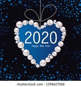 Realistic Pearls heart shape. Banner template with 2020 Happy New Year. Abstract confetti and blue love symbol. Eve Holiday elegant design. Vector Illustration