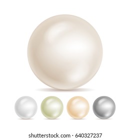 Realistic Pearls Isolated Vector. Set 3d Shiny Oyster Pearl Ball For Luxury Accessories. Sphere Shiny Sea Pearl Illustration