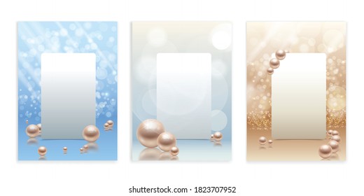 Realistic pearls set of backgrounds with frames and empty space surounded by flares and light rays vector illustration