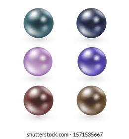 Realistic pearls set. Round white, bluish-gray, black, formed inside the shell of a pearl oyster, a gem. Vector illustration