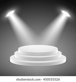 Realistic pedestal, 3d empty podium with spotlights vector illustration. Stage empty with spotlight and realistic stage platform for presentation