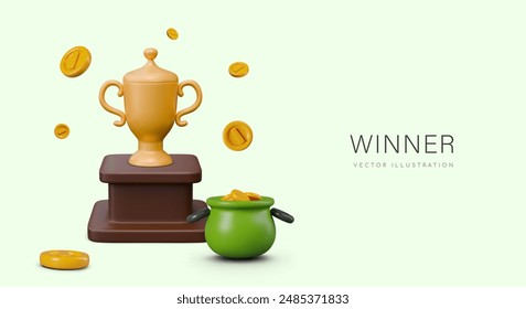 Realistic pedestal with golden cup, coins, green leprechaun pot with treasure