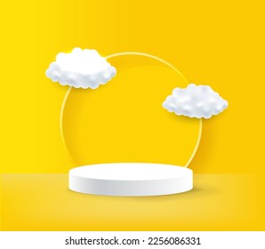 Podio Pedestal Realista Con Nube Blanca Volando Con Malla Gradiente De Fondo Amarillo, Ilustración Vectorial